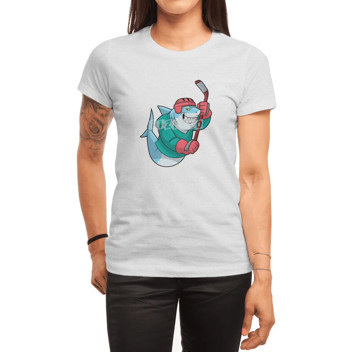 Shark at Ice hockey with Ice hockey stick & Helmet Spor T-Shirt