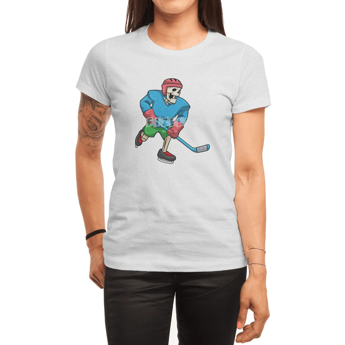 Skeleton at Ice hockey with Ice hockey stick Spor T-Shirt