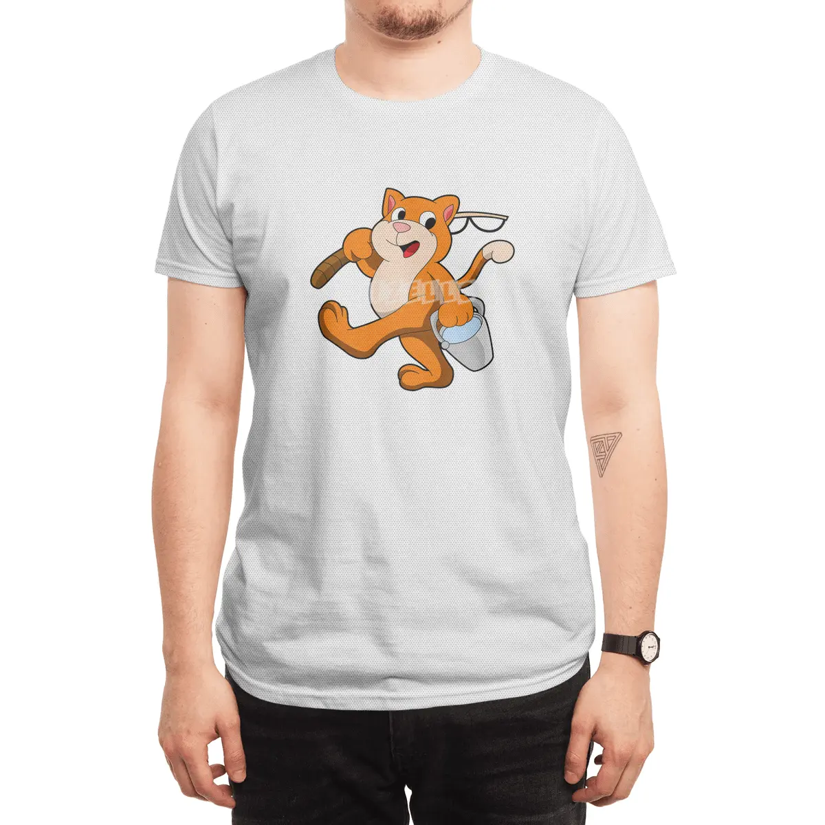 Cat as Angler with Fishing rod & Bucket of Water Spor T-Shirt