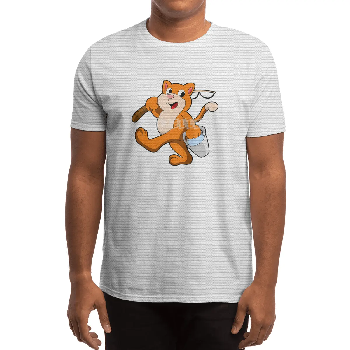 Cat as Angler with Fishing rod & Bucket of Water Spor T-Shirt