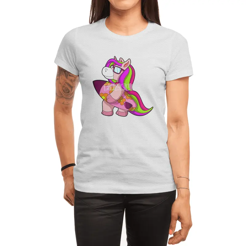 Unicorn as Surfer with Surfboard & Sunglasses Spor T-Shirt