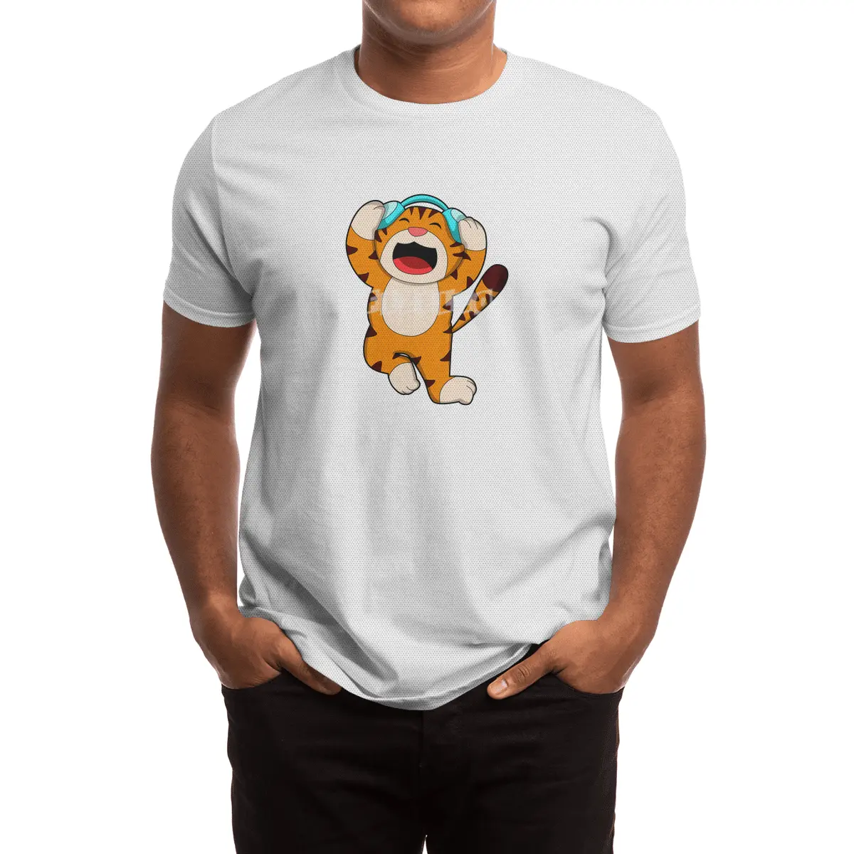 Tiger at Music with Headphone Spor T-Shirt