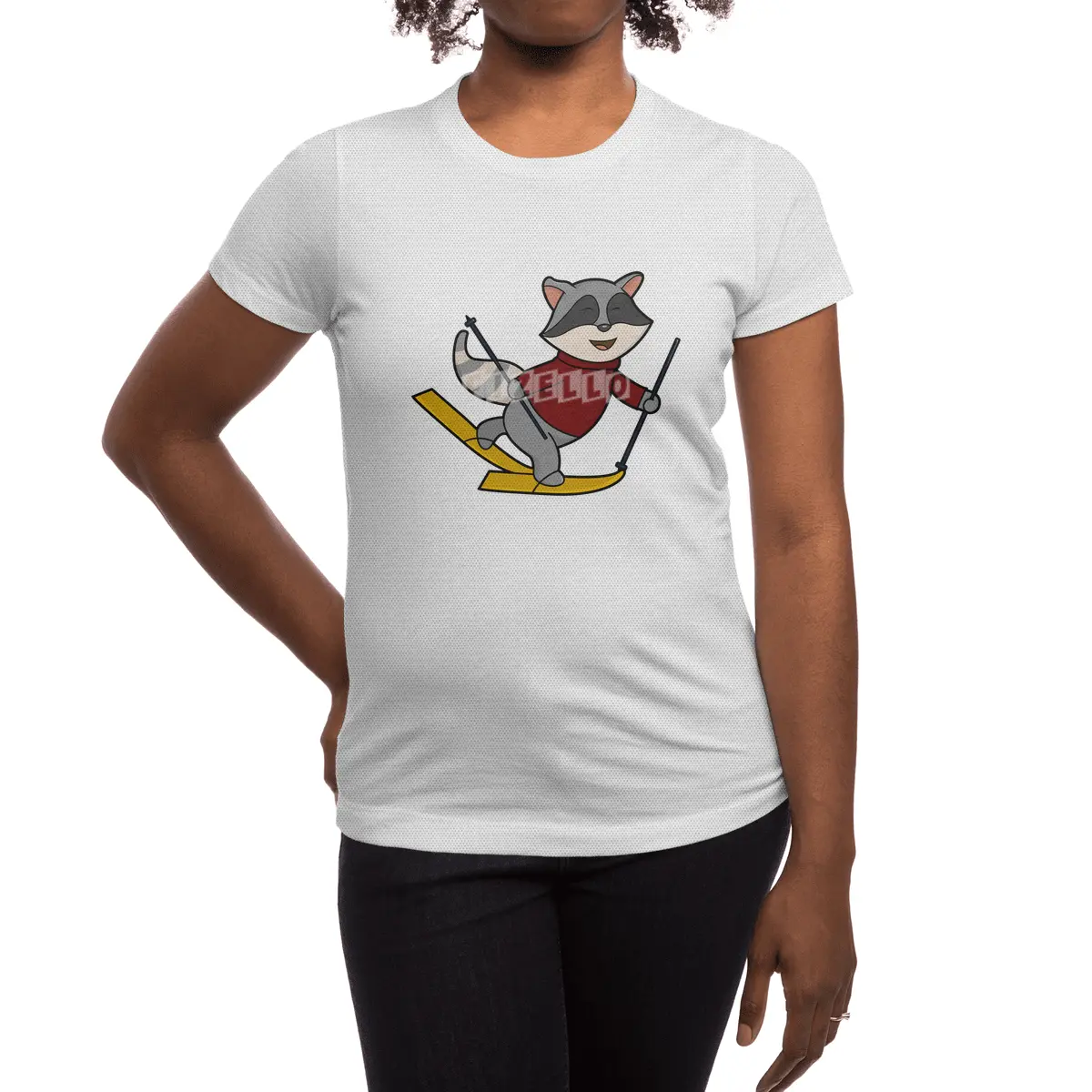 Raccoon as Skier with Skis and Ski poles Spor T-Shirt