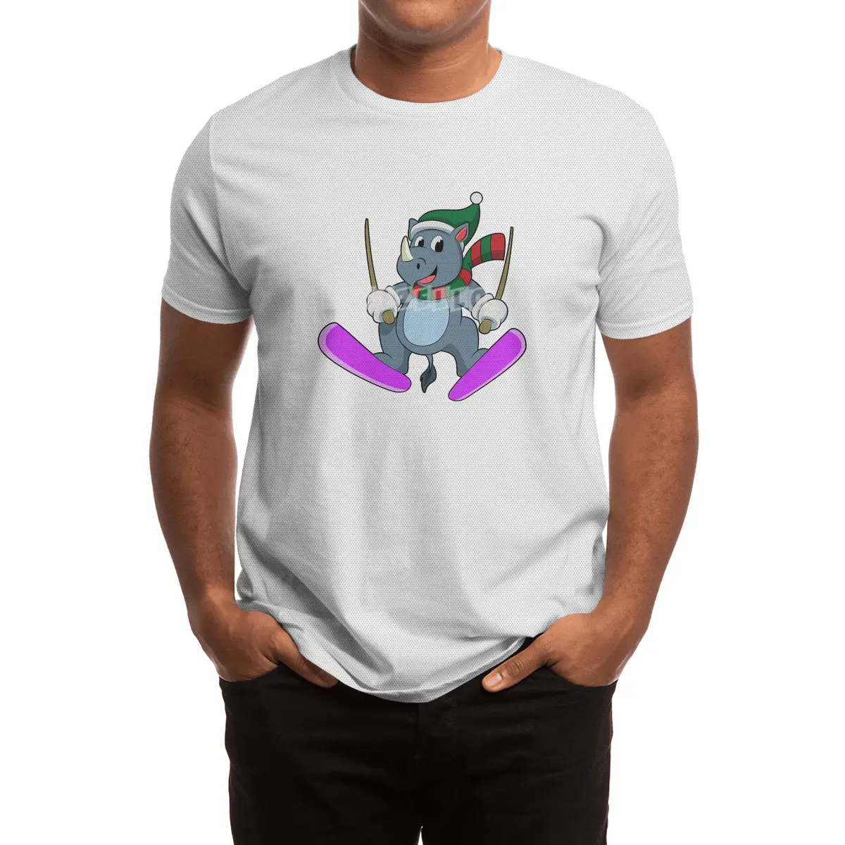 Rhino as Ski jumper with Skis & Scarf Spor T-Shirt