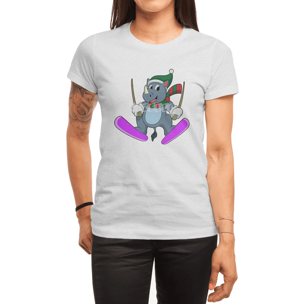 Rhino as Ski jumper with Skis & Scarf Spor T-Shirt
