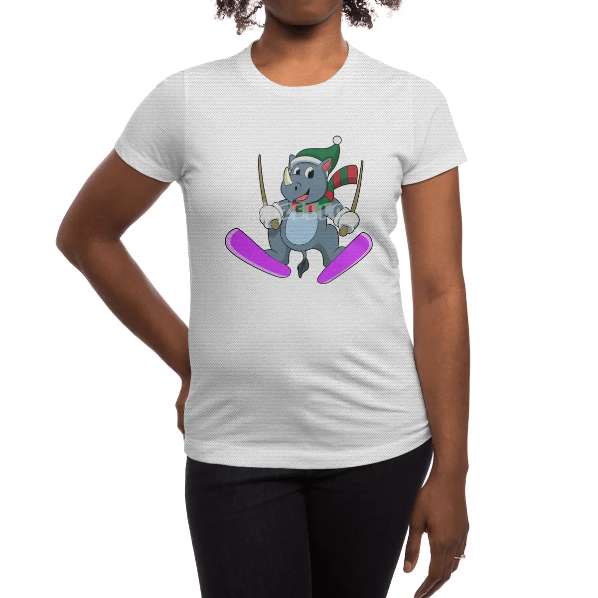 Rhino as Ski jumper with Skis & Scarf Spor T-Shirt