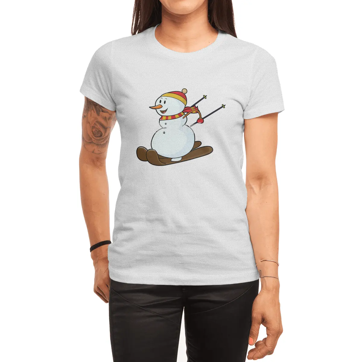 Snowman as Skier with Skis & Cap Spor T-Shirt