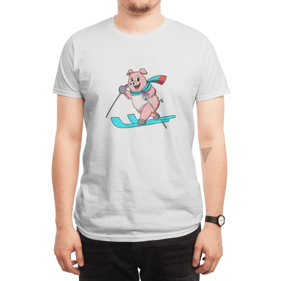Pig as Skier with Skis Spor T-Shirt