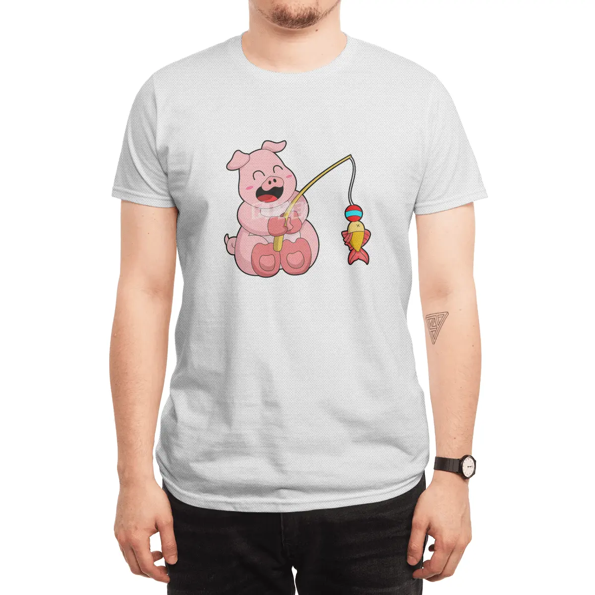 Pig at Fishing with Fish Spor T-Shirt