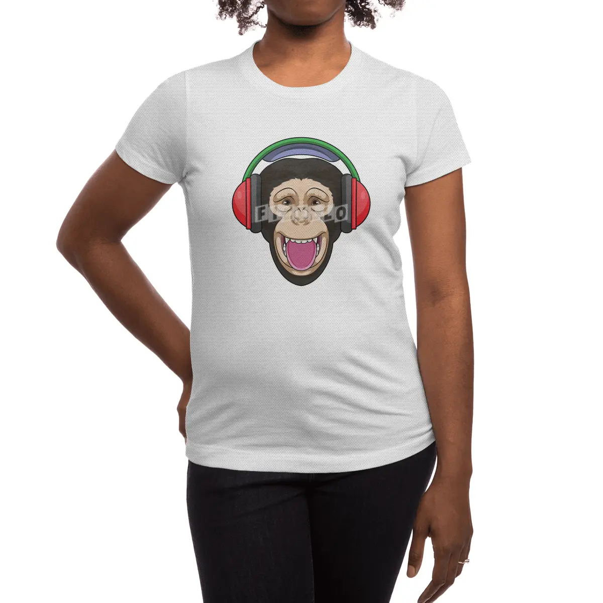 Monkey at Music with Headphone Spor T-Shirt