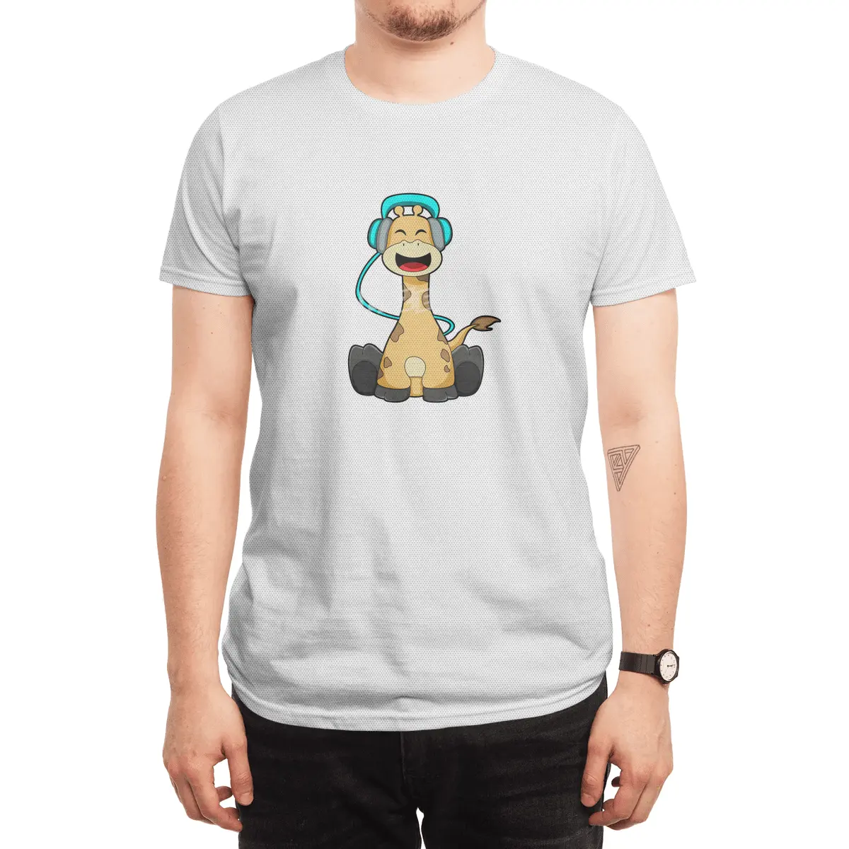Giraffe at Music with Headphone Spor T-Shirt