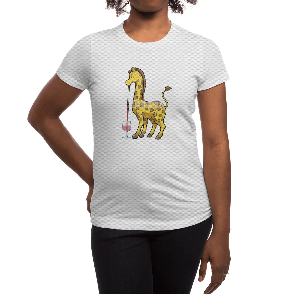 Giraffe at Party with Glass of Red wine Spor T-Shirt