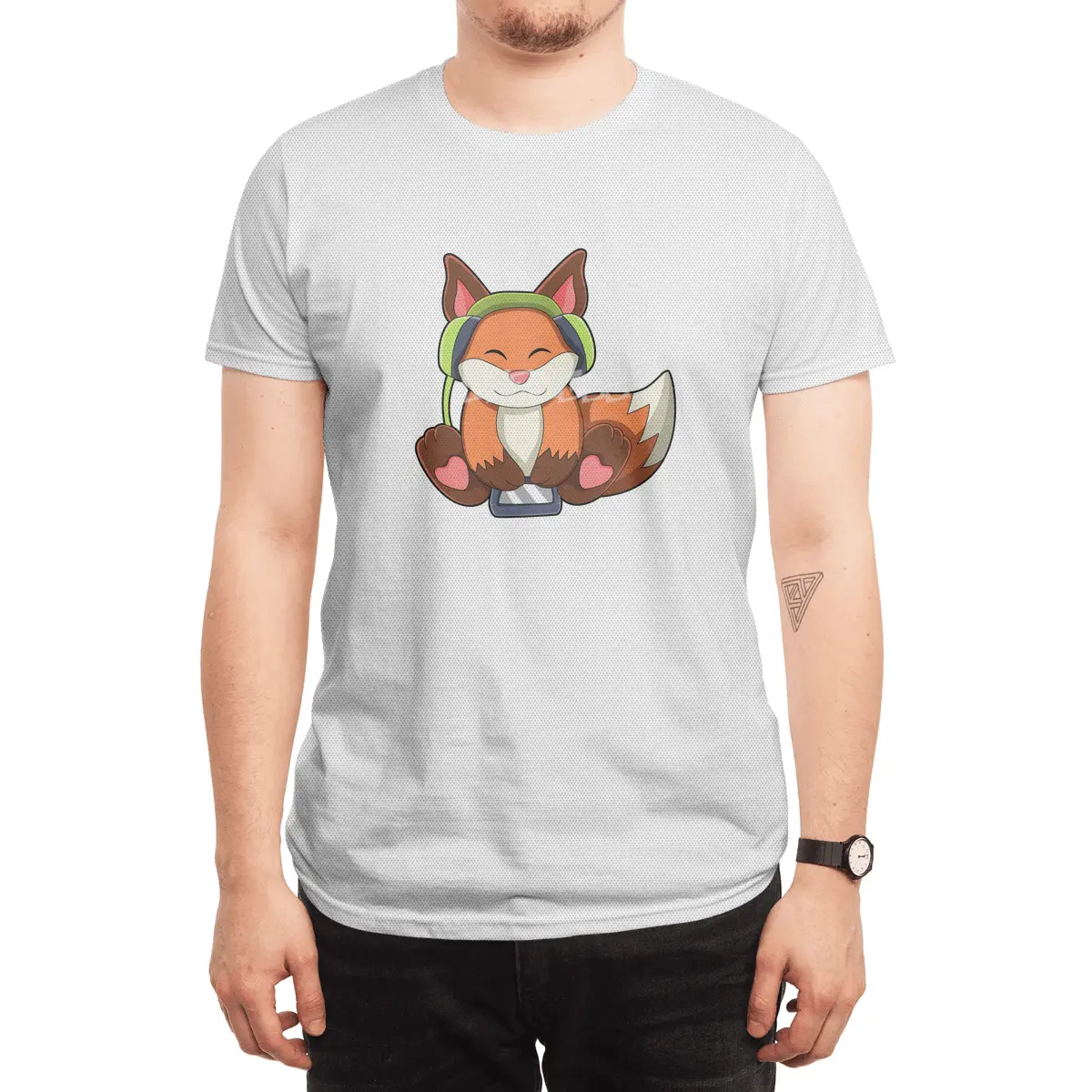 Fox at Music with Headphone Spor T-Shirt