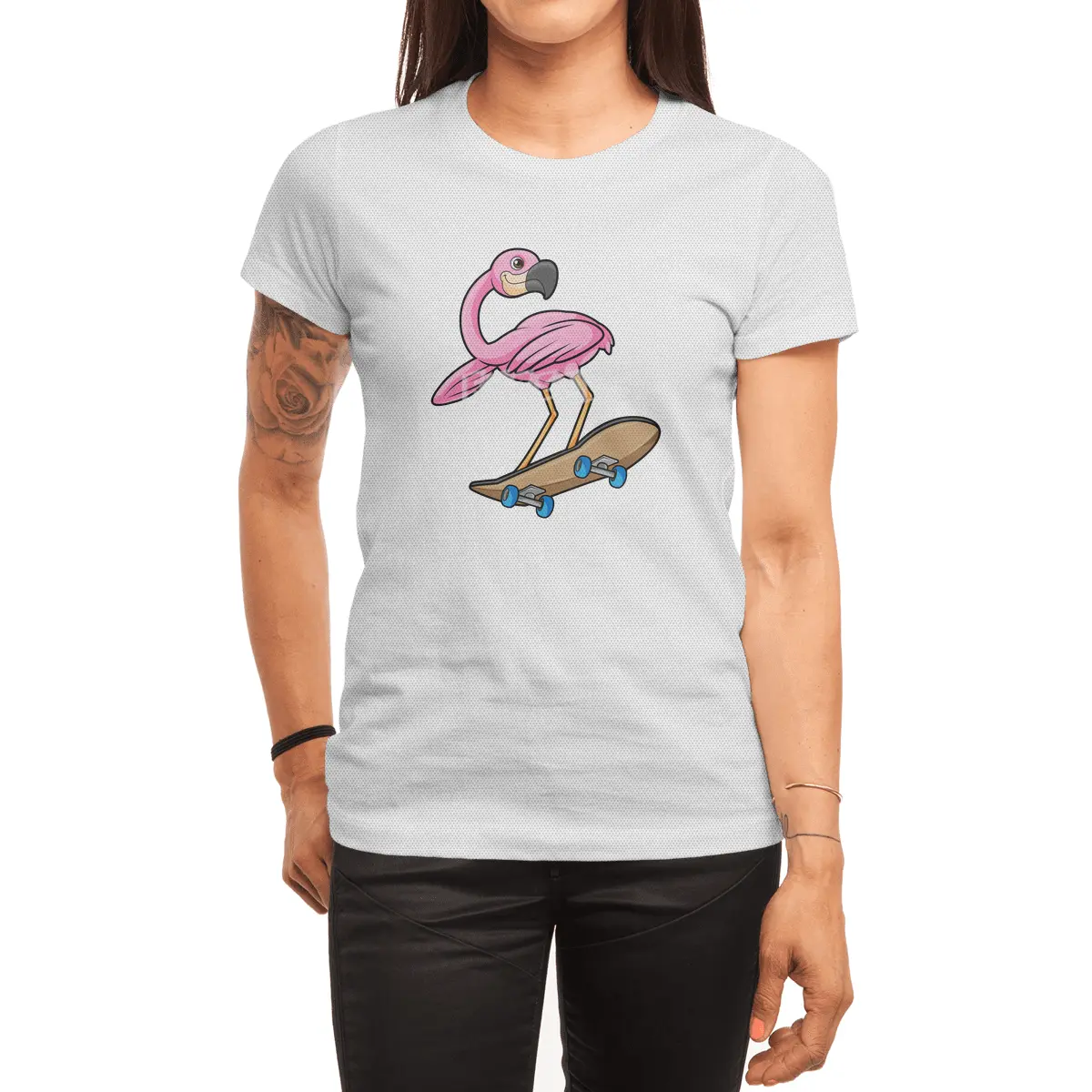 Flamingo as Skater with Skateboard Spor T-Shirt