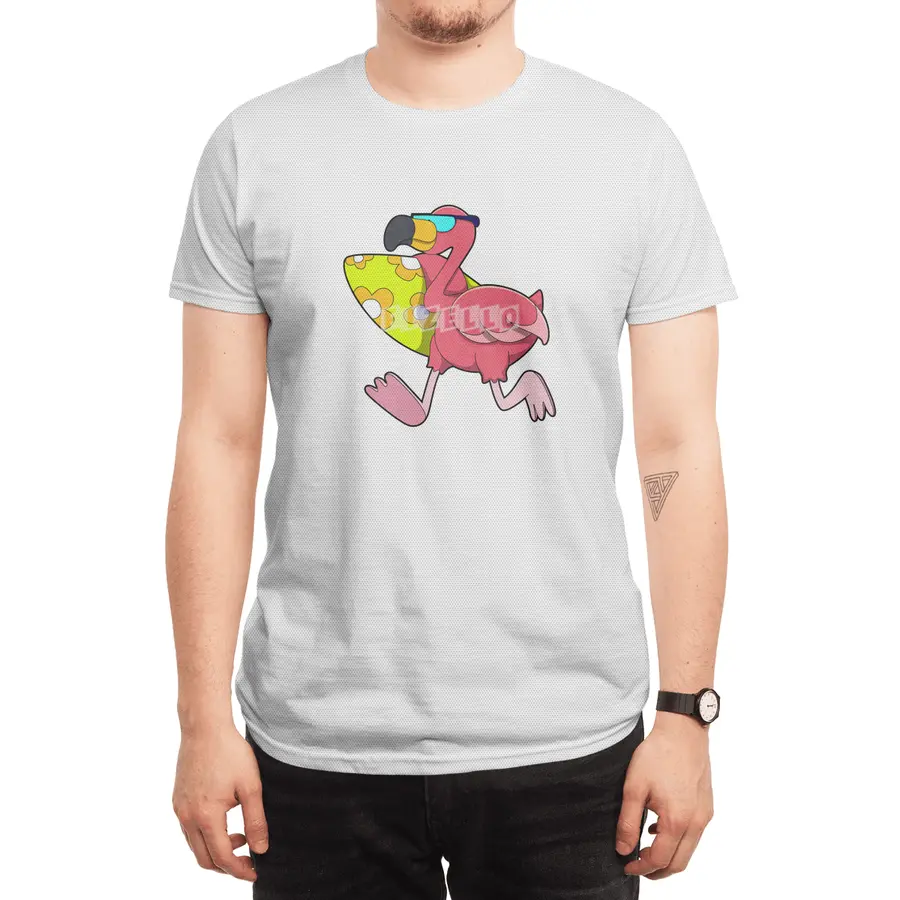 Flamingo as Surfer with Surfboard & Sunglasses Spor T-Shirt