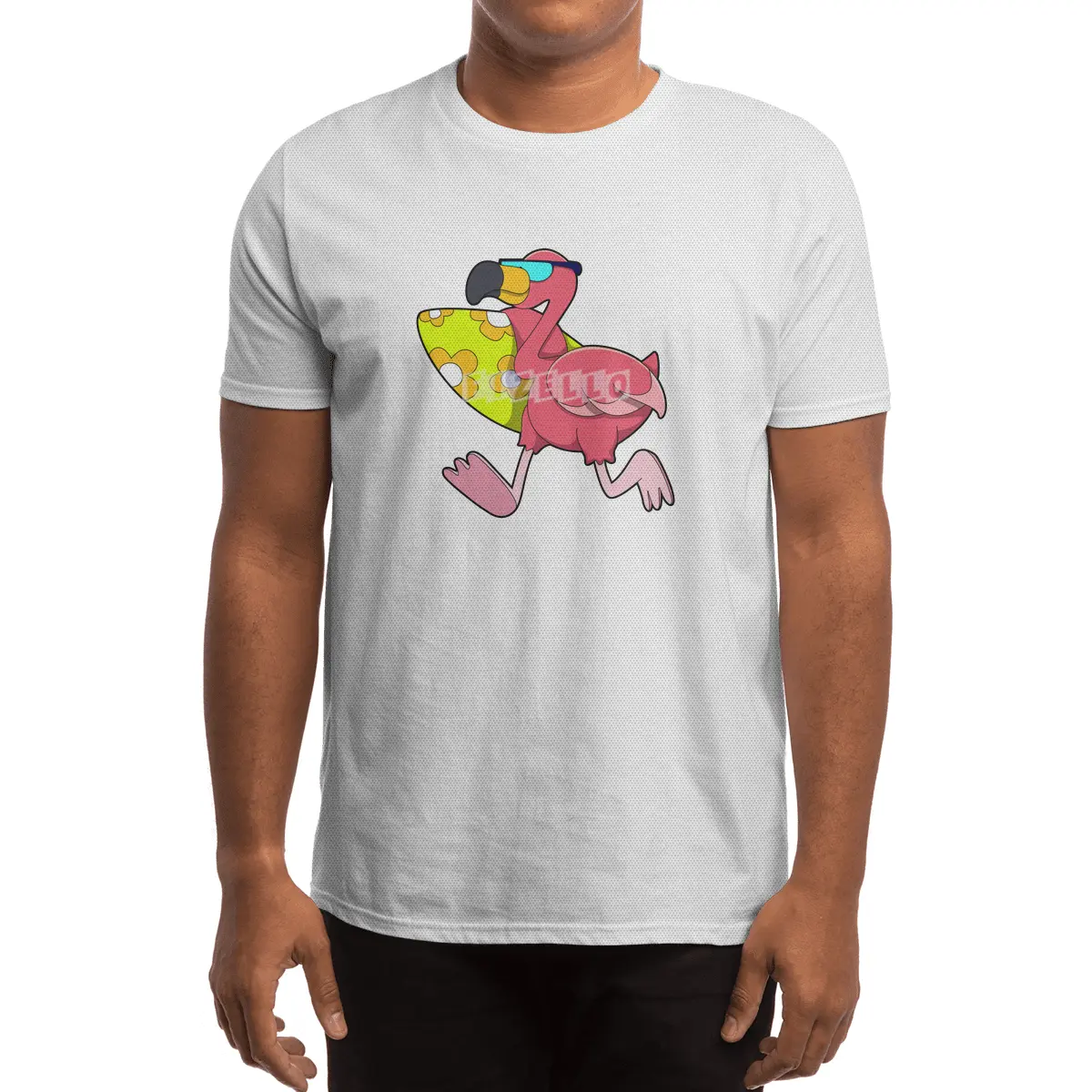 Flamingo as Surfer with Surfboard & Sunglasses Spor T-Shirt