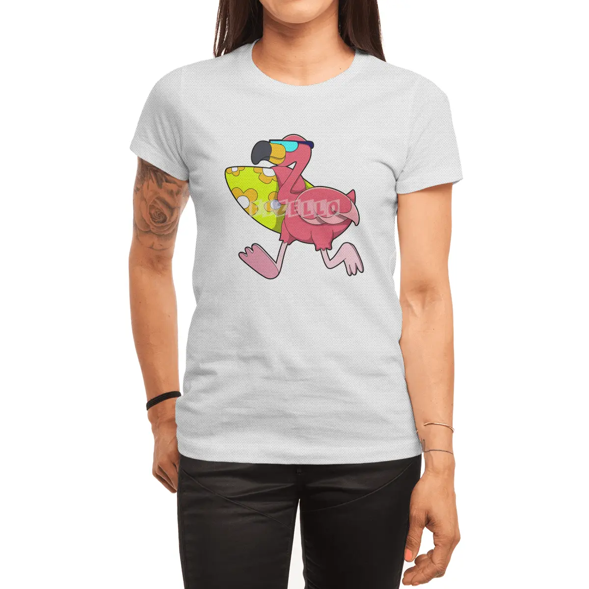 Flamingo as Surfer with Surfboard & Sunglasses Spor T-Shirt