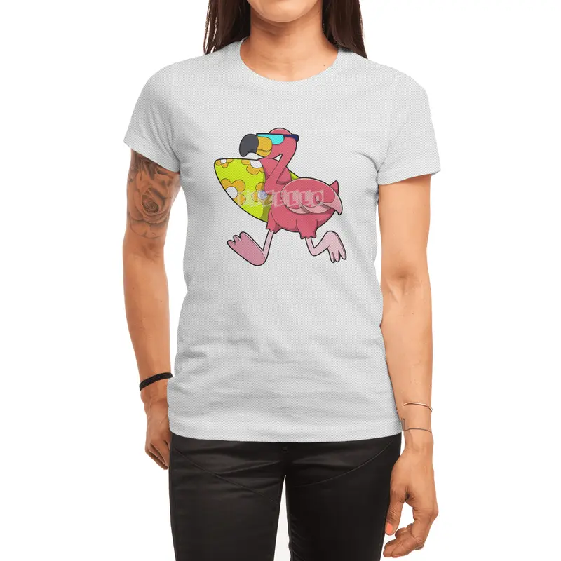 Flamingo as Surfer with Surfboard & Sunglasses Spor T-Shirt