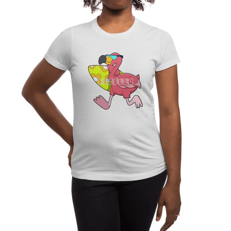 Flamingo as Surfer with Surfboard & Sunglasses Spor T-Shirt