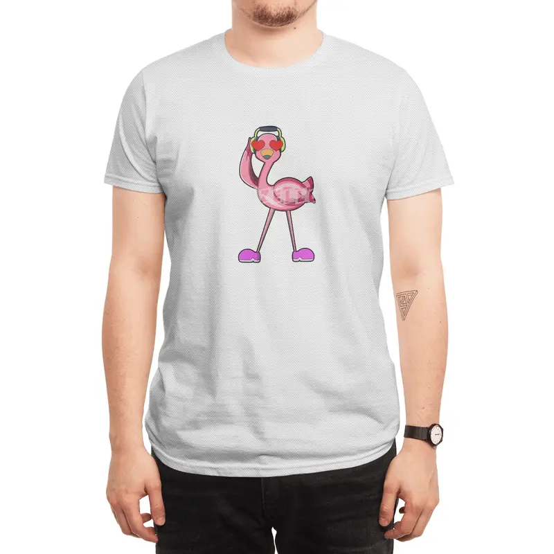 Flamingo with Headphone & Hearts Spor T-Shirt