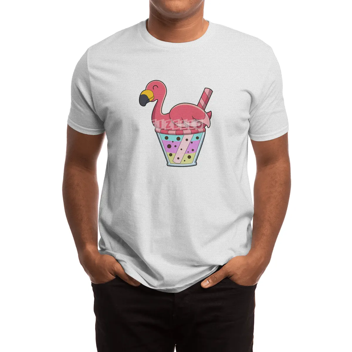 Flamingo with Mug of Juice & Drinking straw Spor T-Shirt