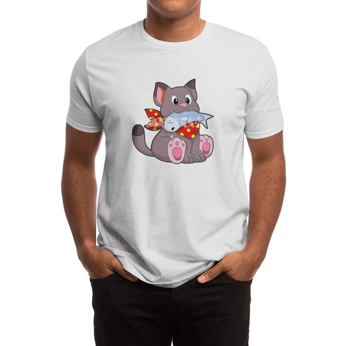 Cat with Ribbon & Fish Spor T-Shirt