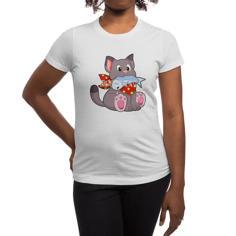 Cat with Ribbon & Fish Spor T-Shirt