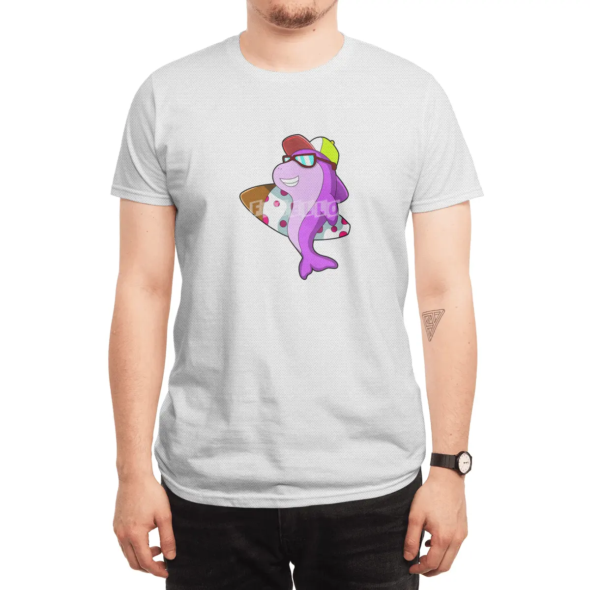Dolphin as Surfer with Surfboard & Cap Spor T-Shirt