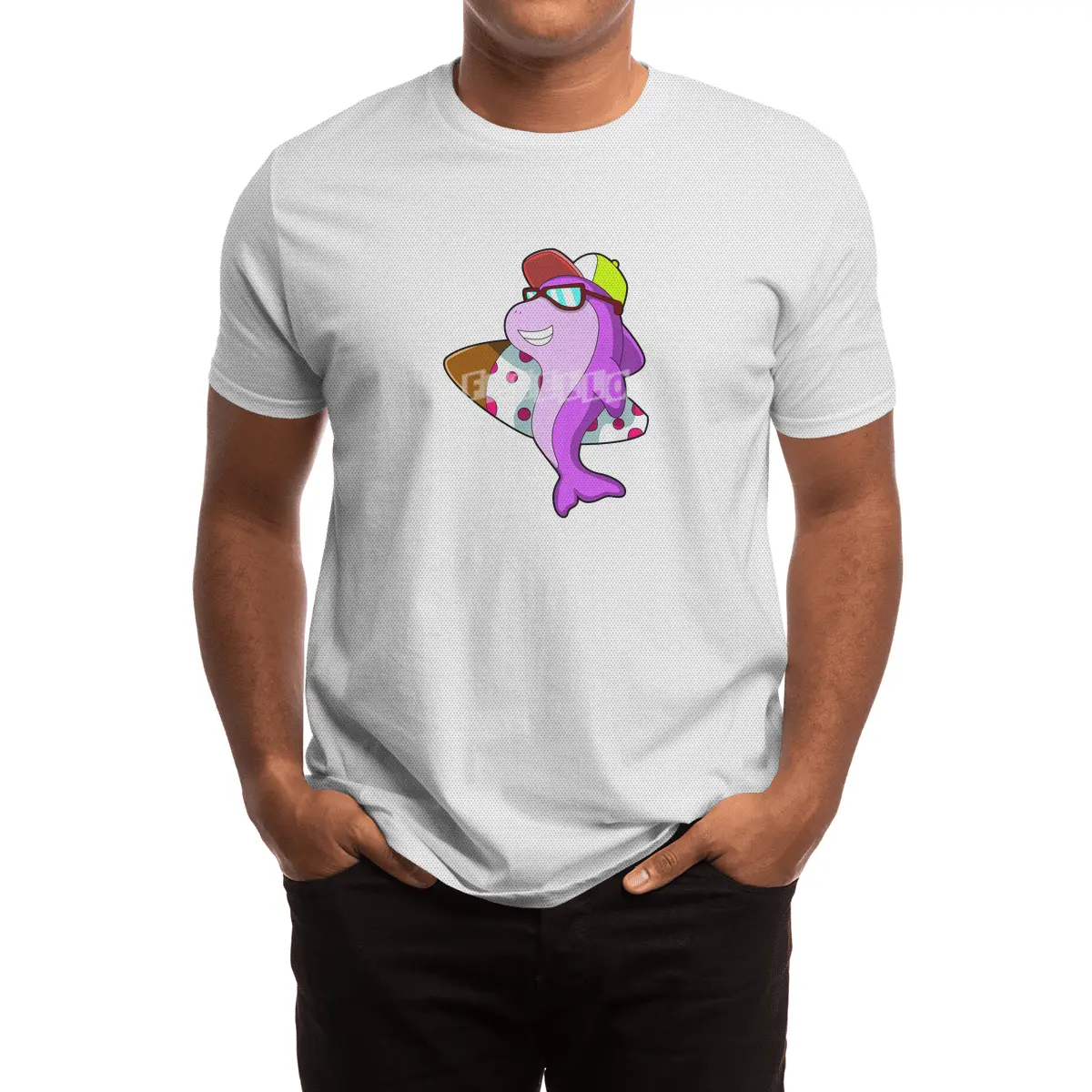 Dolphin as Surfer with Surfboard & Cap Spor T-Shirt