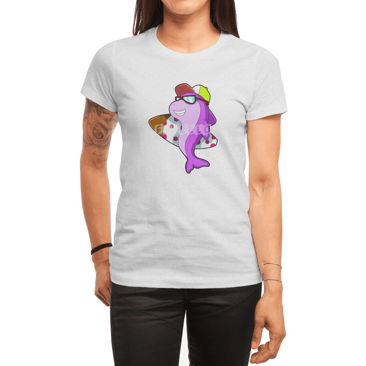 Dolphin as Surfer with Surfboard & Cap Spor T-Shirt