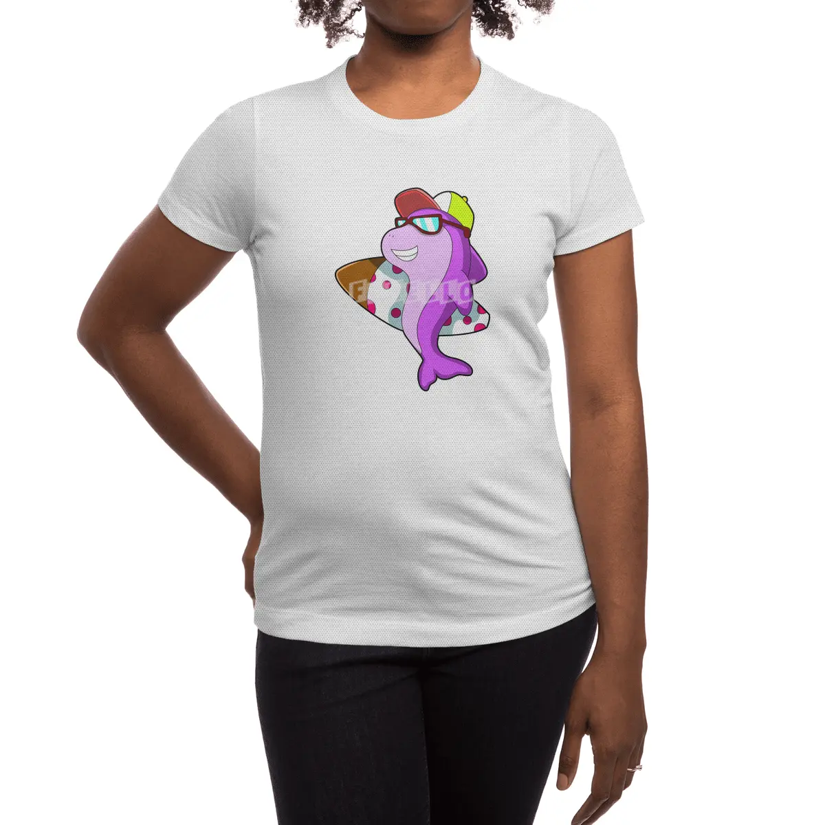 Dolphin as Surfer with Surfboard & Cap Spor T-Shirt
