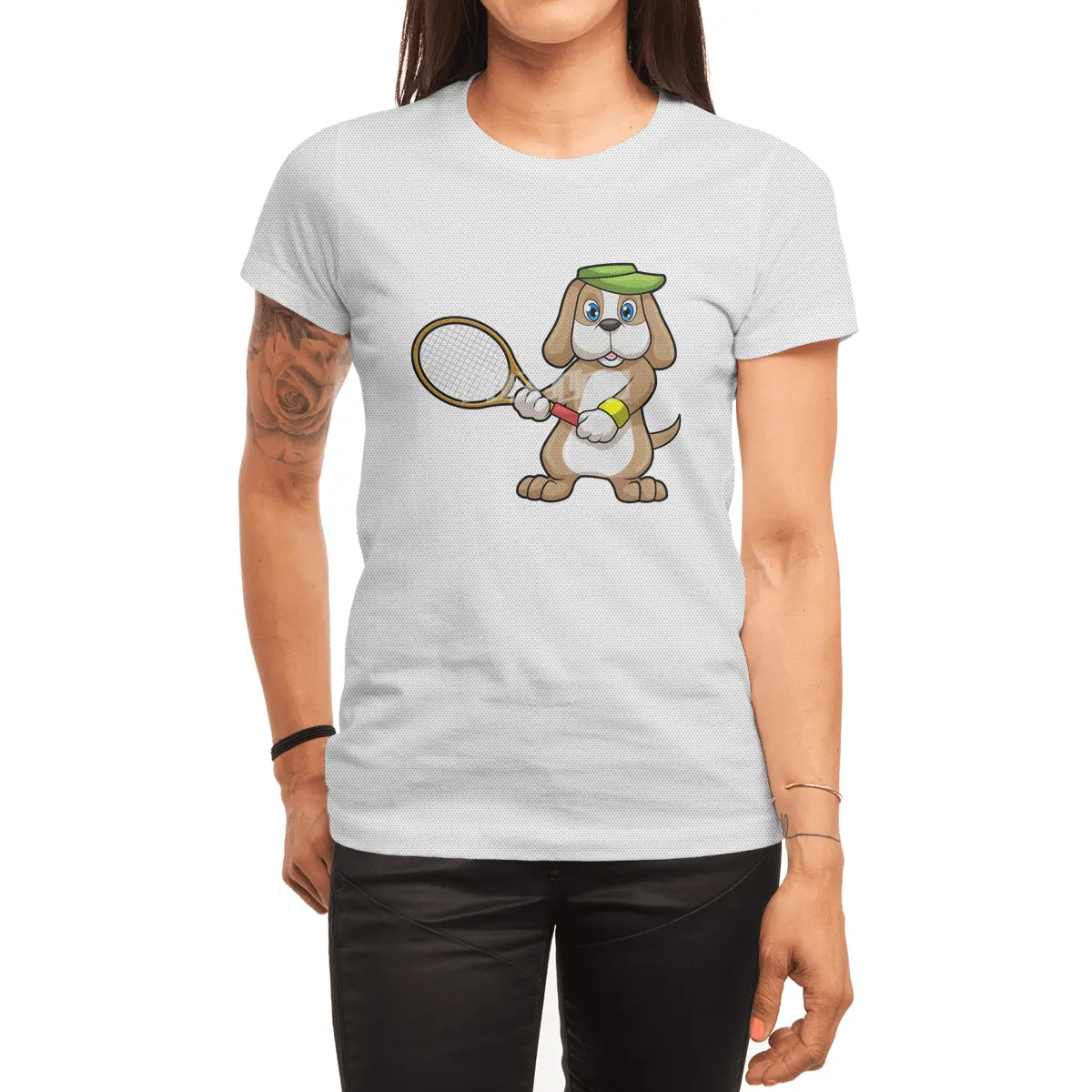 Dog at Tennis with Tennis racket & Cap Spor T-Shirt