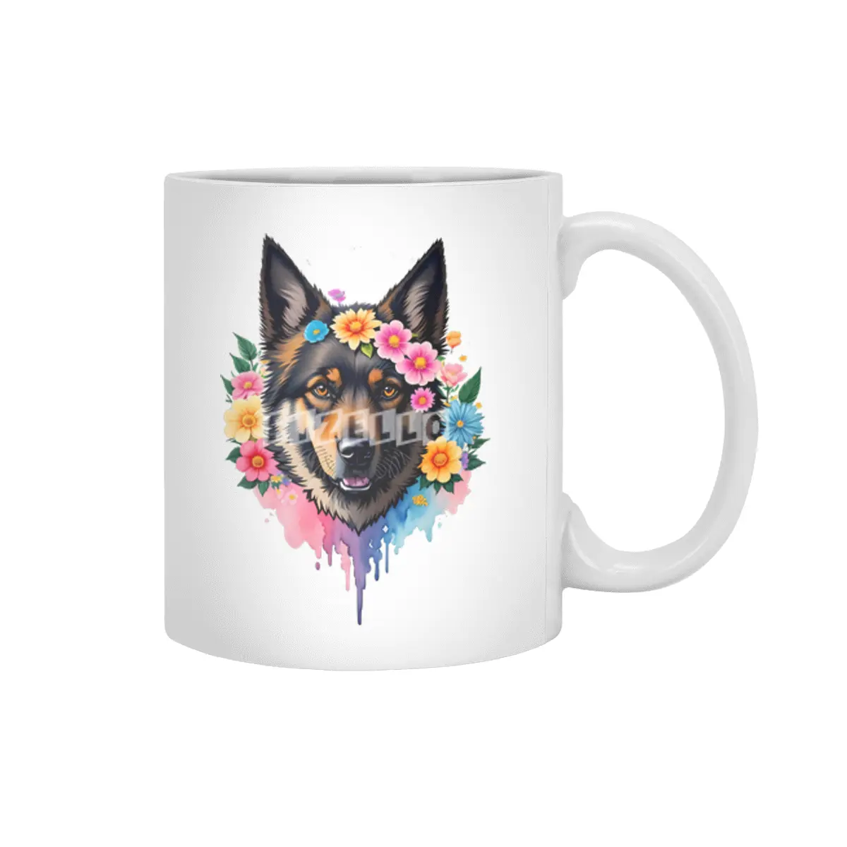 Cute Retro German Shepard Dog with Colorful Flowers Beyaz Kupa