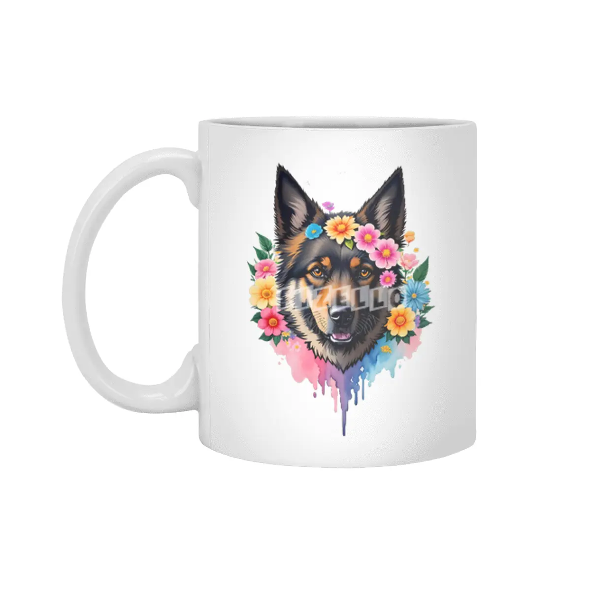 Cute Retro German Shepard Dog with Colorful Flowers Beyaz Kupa