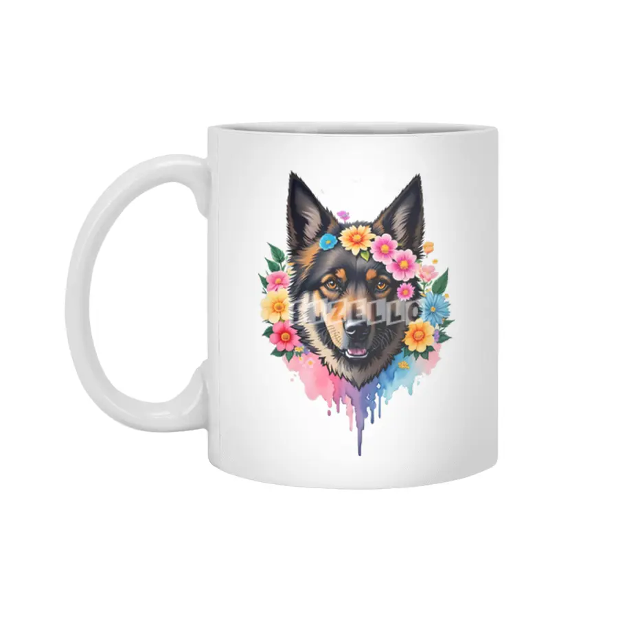 Cute Retro German Shepard Dog with Colorful Flowers Beyaz Kupa