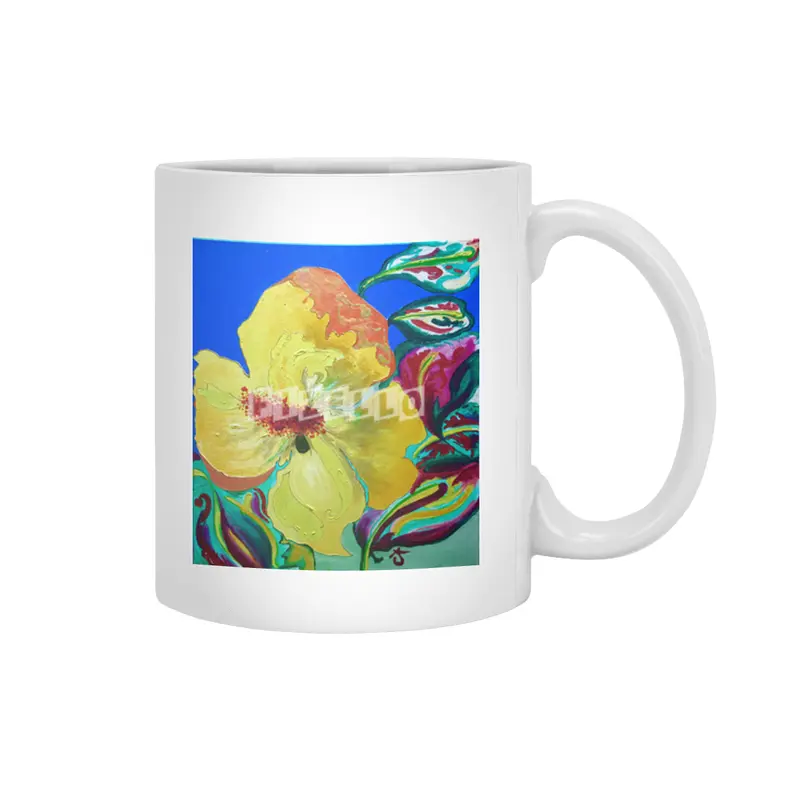 Birthday Acrylic Yellow Orange Hibiscus Flower Painting with Red and Green Leaves Beyaz Kupa