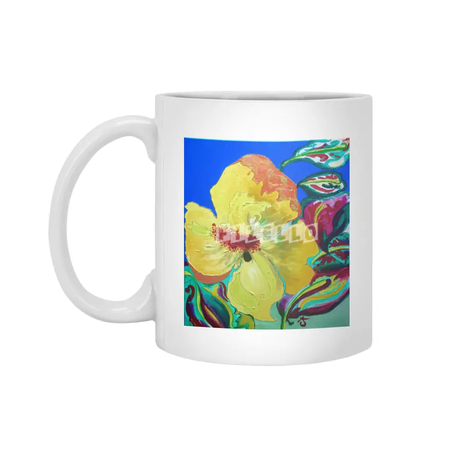 Birthday Acrylic Yellow Orange Hibiscus Flower Painting with Red and Green Leaves Beyaz Kupa