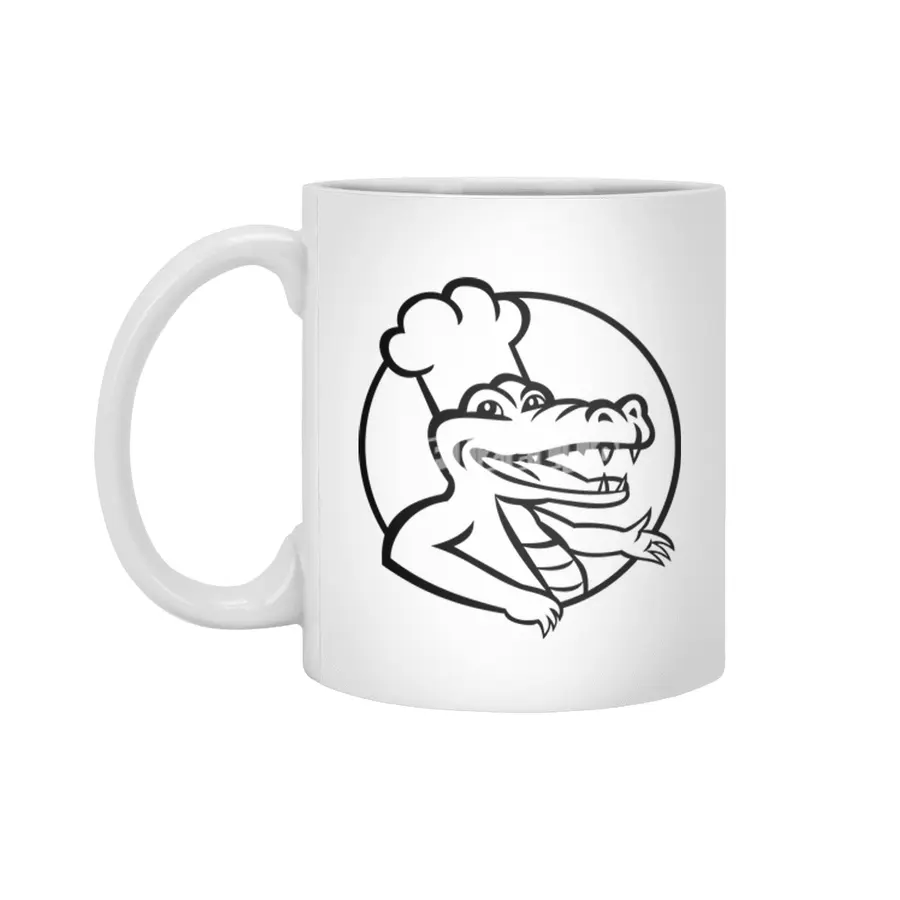 Happy Chef Alligator Gator or Crocodile Wearing Chef Hat Circle Mascot Retro Black and White Beyaz Kupa