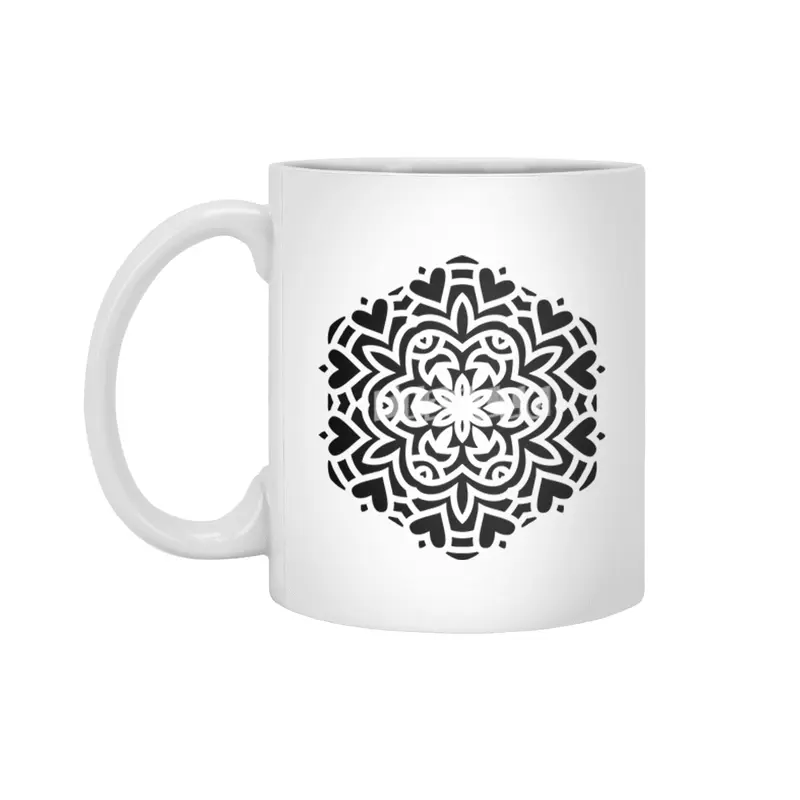 Black isolated ethnic mandala design. Anti-stress coloring page for adults. Hand drawn illustration. Beyaz Kupa