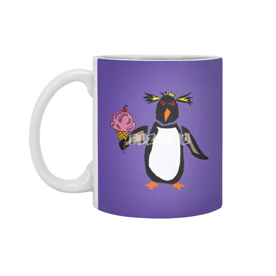 Funny Rockhopper Penguin eating Ice Cream Cone Beyaz Kupa