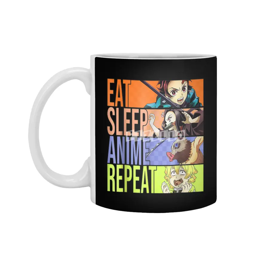 Graphic Slayer Demon Anime Eat Sleep Anime Repeat T-Shirt Beyaz Kupa