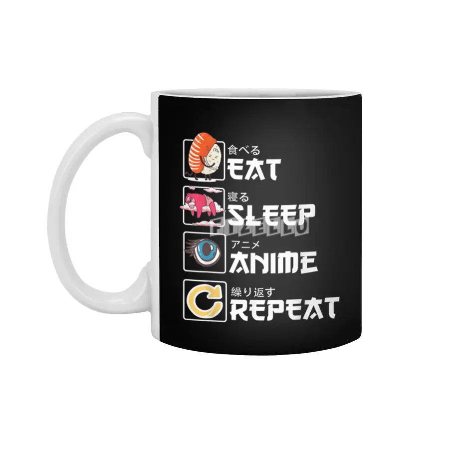 Kawaii Manga Sushi - Eat Sleep Anime Repeat - Cute Anime Beyaz Kupa