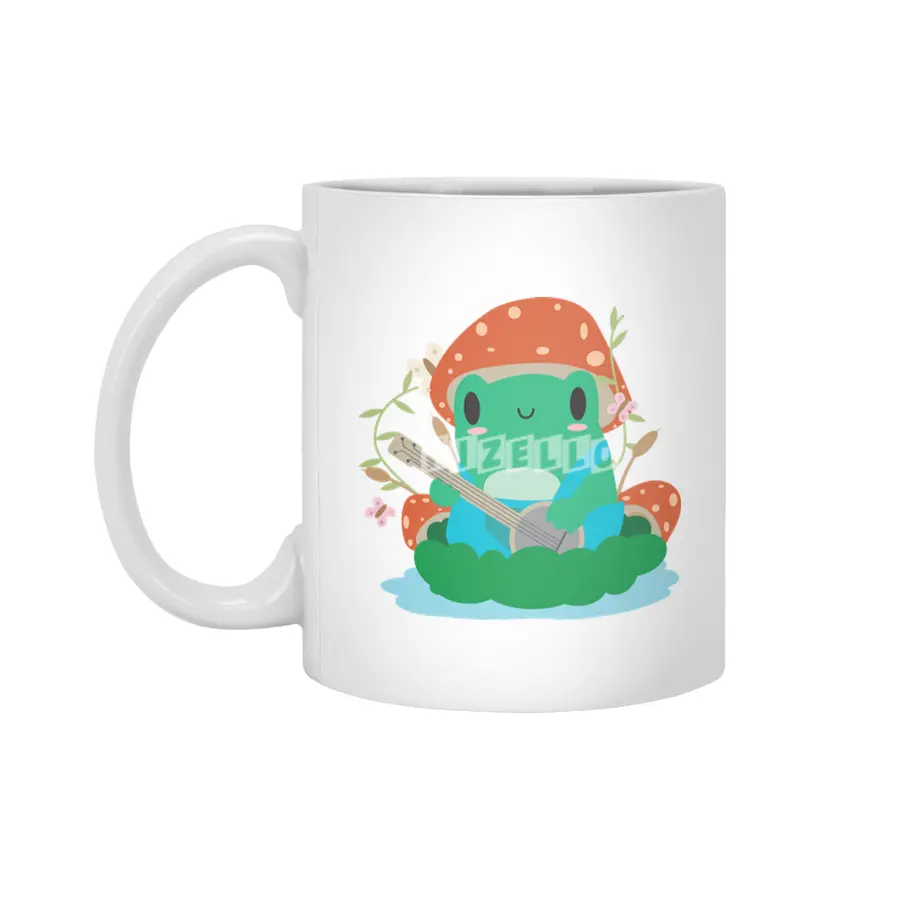 Cottagecore Aesthetic Frog Mushroom Hat Banjo Kawaii Beyaz Kupa