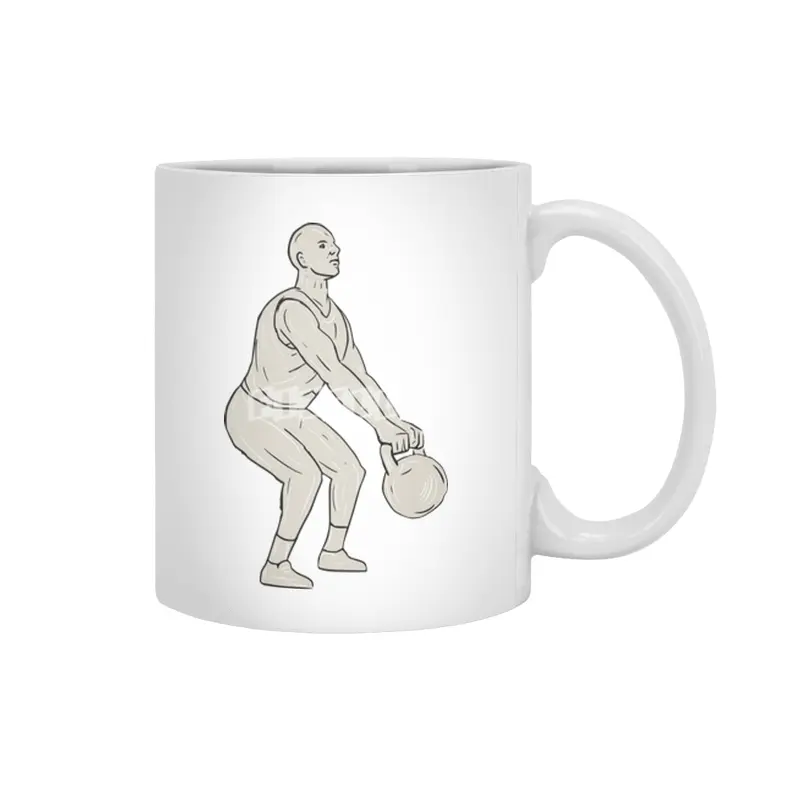 Athlete Fitness Squatting Kettlebell Drawing Beyaz Kupa