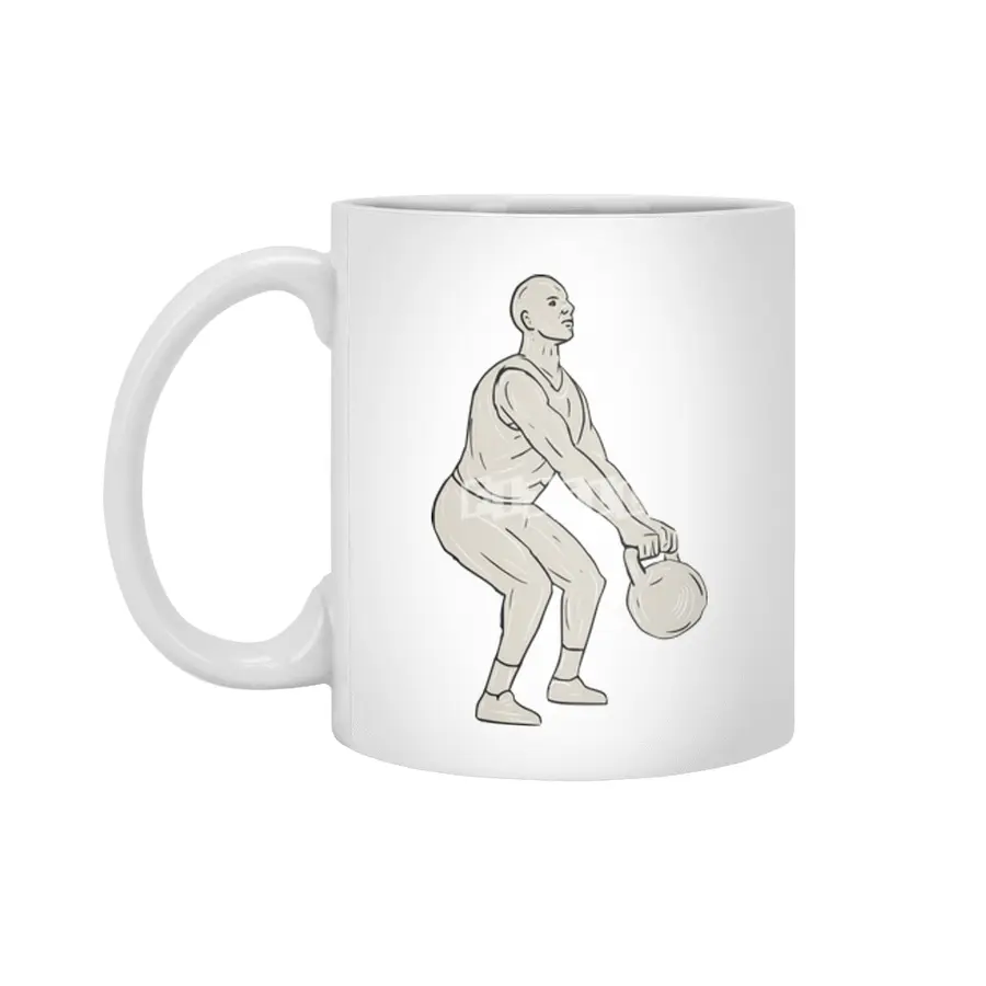 Athlete Fitness Squatting Kettlebell Drawing Beyaz Kupa