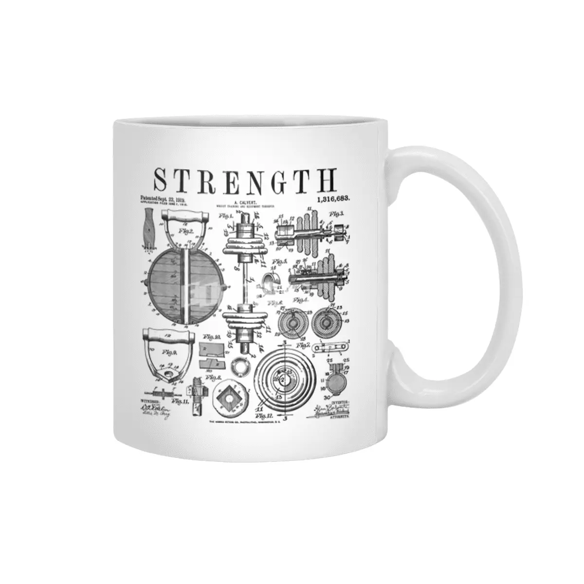 Gym Fitness Workout Dumbbell Kettlebell Vintage Patent Print Beyaz Kupa