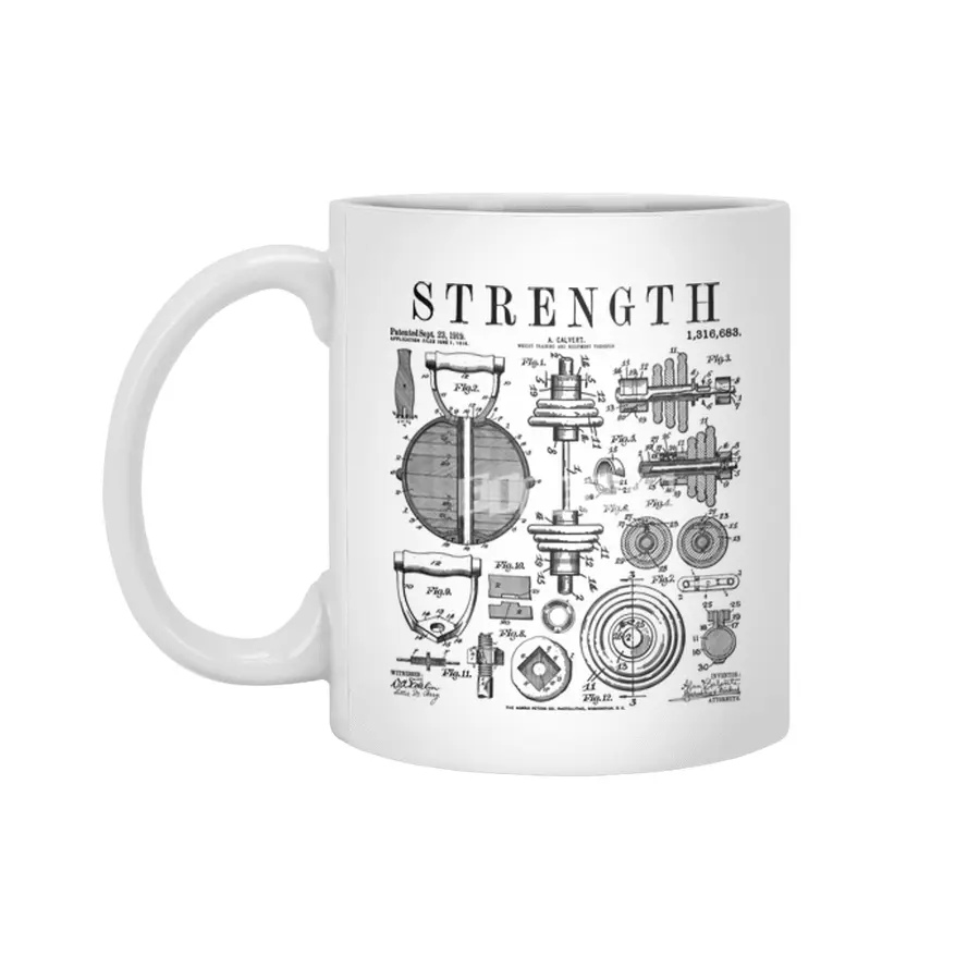 Gym Fitness Workout Dumbbell Kettlebell Vintage Patent Print Beyaz Kupa