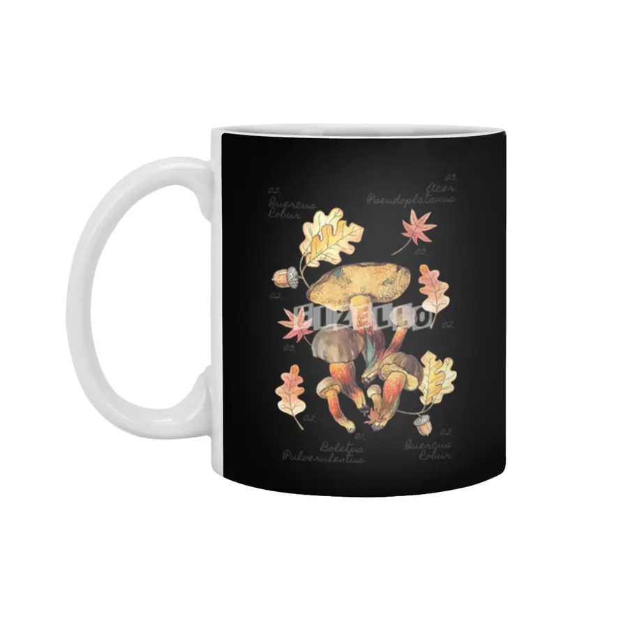 Ink stain bolete Mushroom with autumn oak leaves and botanical illustration Beyaz Kupa