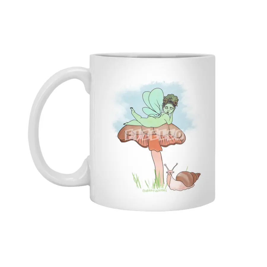 Fairie on Mushroom with Snail Friend Beyaz Kupa
