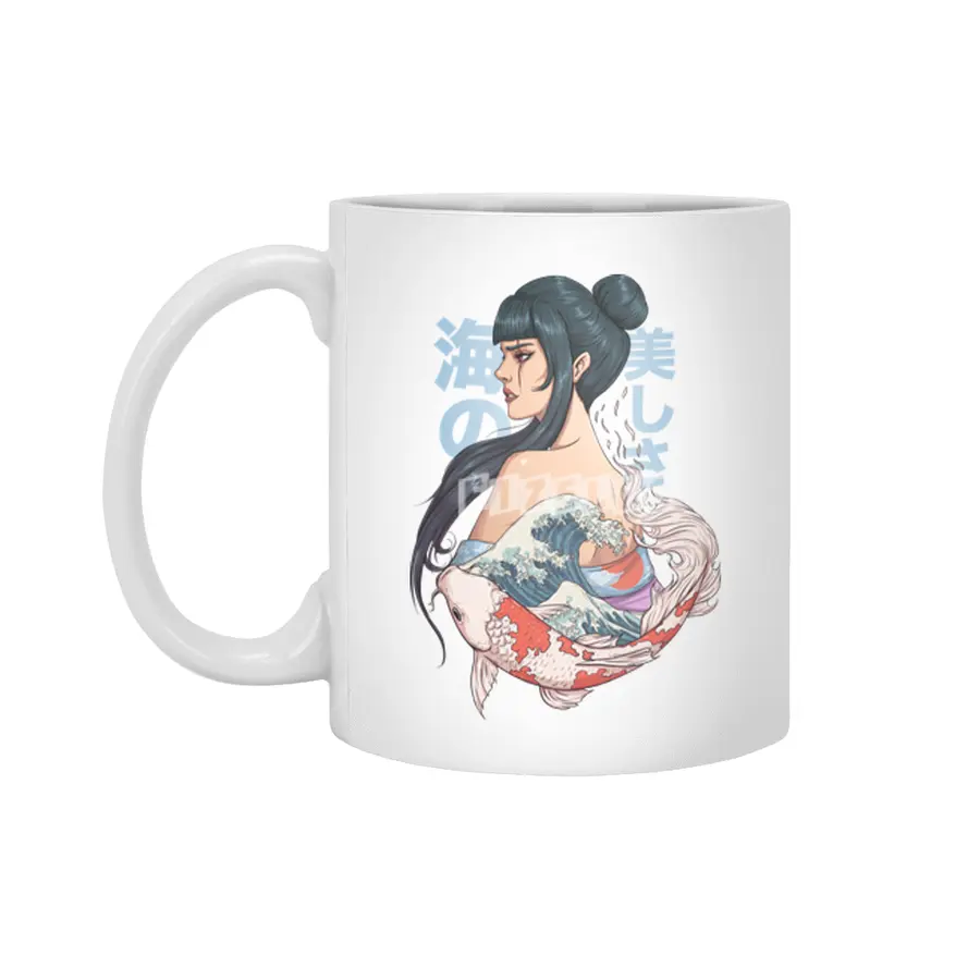 geisha, koi in  great wave of kanagawa Beyaz Kupa